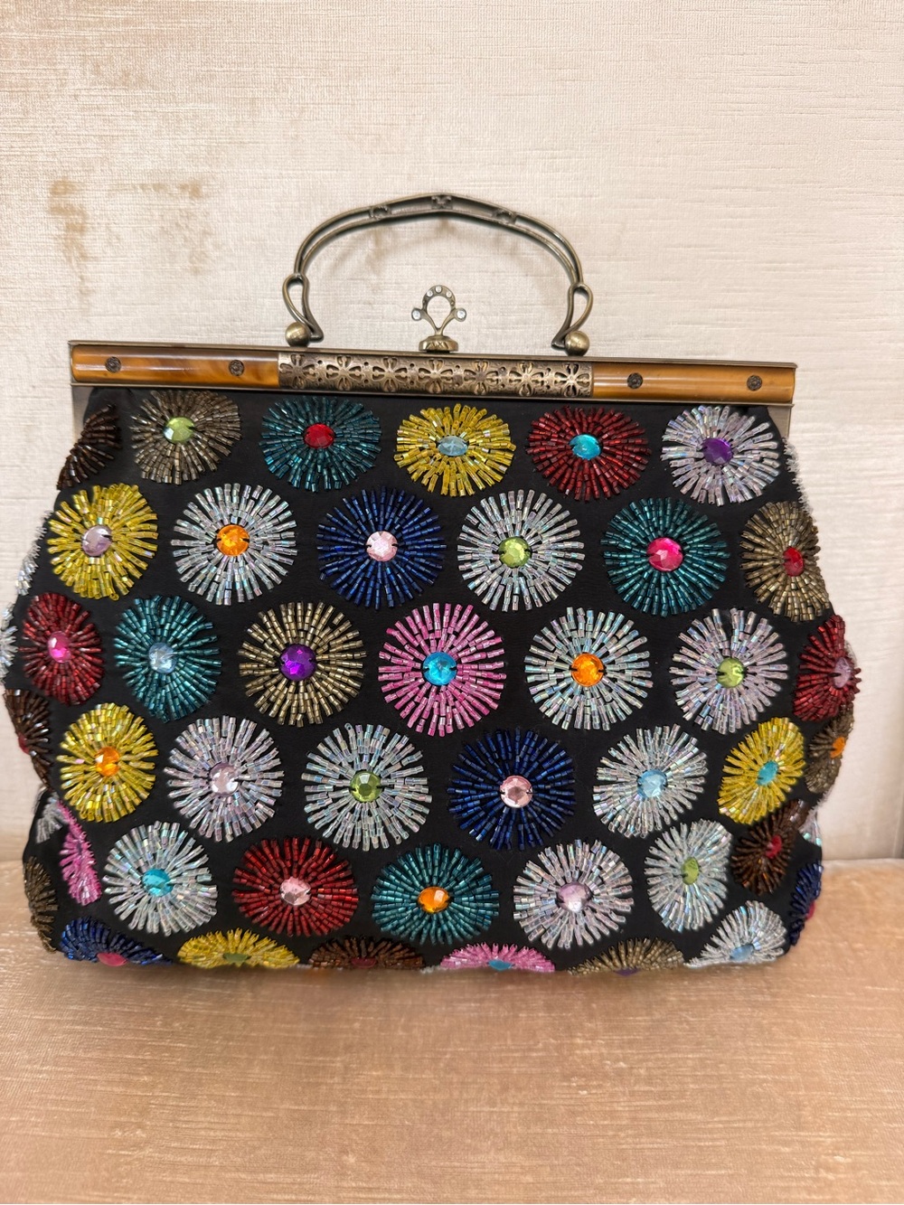 Multicolor Beaded Floral Circle Clutch - Black Base